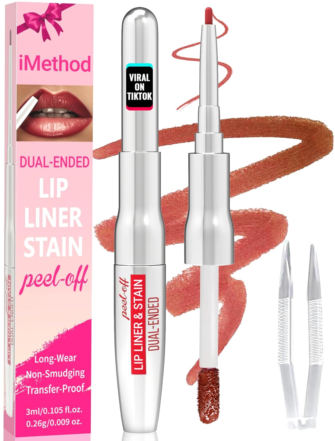 iMethod Lip Liner Stain - Lip Stain, 2-In-1 Dual-Ended Peel Off Lip Stain with Tweezer, Natural Long Lasting Peel Off Lip Liner, Easy to Use for All Skin Types, Stay All Day, Cocoa-Velvo Beauty