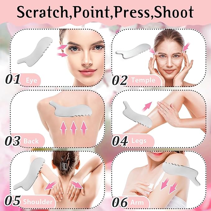 Gua Sha Facial Tools and Face Roller Set, Lymphatic Drainage Massager，Stainless Steel Facial Sculpting Eyes Roller Guasha for Face, Chin & Jawline Sculpting,Skin Care (White)-Velvo Beauty