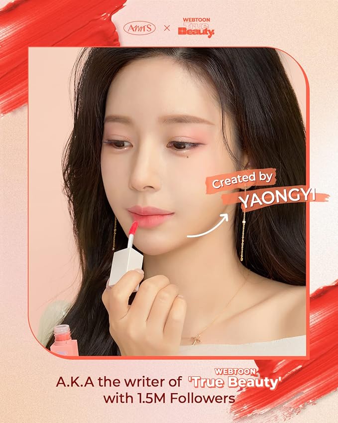 AMTS Webtoon True Beauty - 02 Some Sweet | Coral Lip Tint Stain | High Pigment Liquid Shine Non-Sticky Long-Wearing Long-Lasting | Korean Webtoon True Beauty Cute Coral Makeup-Velvo Beauty