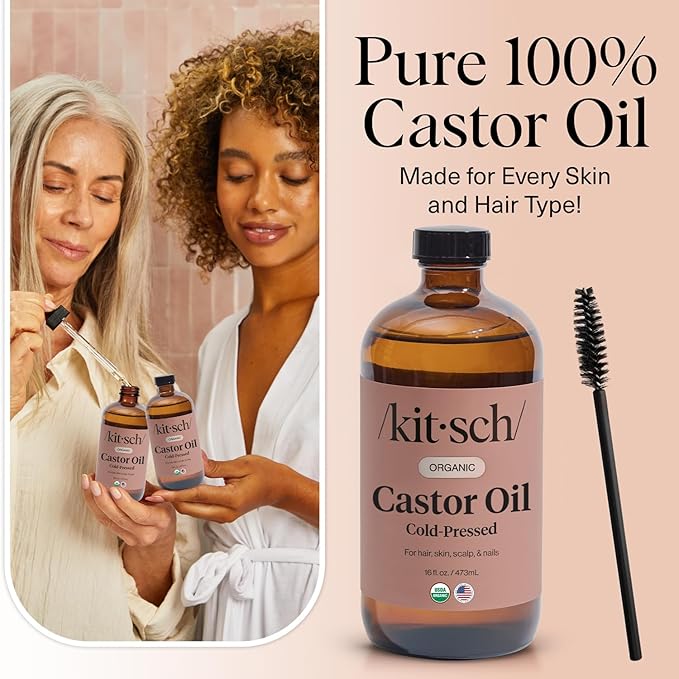 Kitsch Organic Castor Oil for Hair Growth - 100% Pure Castor Oil, Organic Cold Pressed Unrefined Glass Bottle for Face, Skin, Lashes, Brows, Scalp, Nails & Belly Button - Hexane Free, USDA - 16 oz-Velvo Beauty