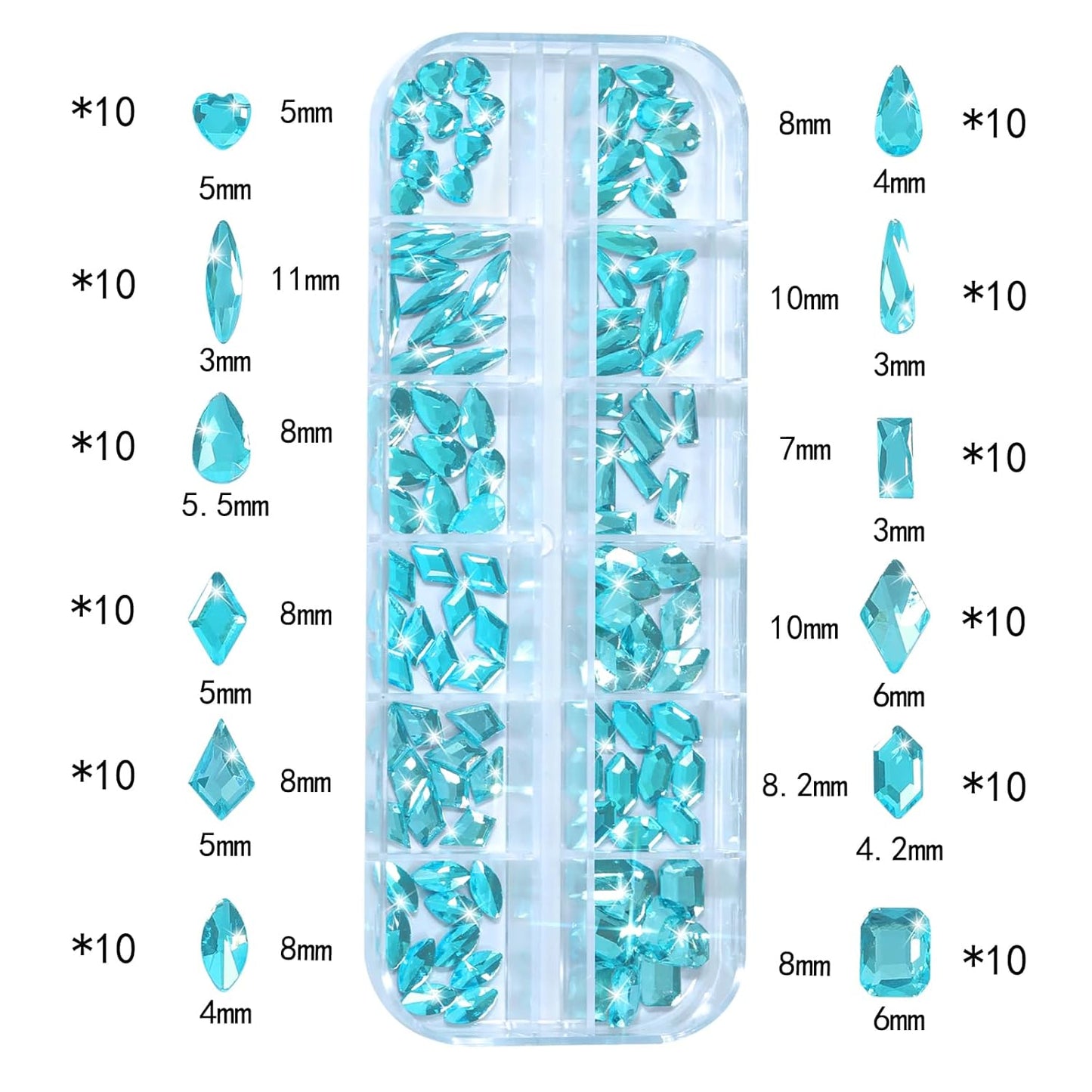 HNUIX Nail Rhinestones - 3D Multi Shape Size Crystal, Aquamarine Nail Gems, Flat Back, with Kit, for Nail Art, DIY Decorations-Velvo Beauty