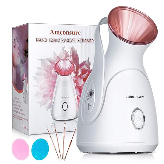 Facial Steamer, Amconsure Nano Ionic Face Steamer for Home, 100ML Warm Mist Humidifier for Women Moisturizing, Unclogs Pores-Bonus Stainless Steel Skin Kit and 2 Face Scrubbers-Velvo Beauty