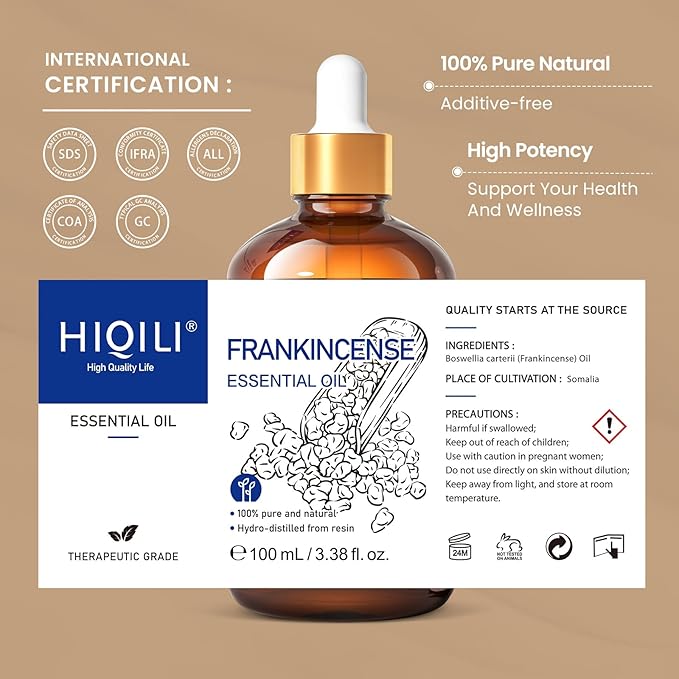 HIQILI 100ML Frankincense Essential Oil, for Massage, 100% Pure and Natural 3.38 Fl Oz-Velvo Beauty
