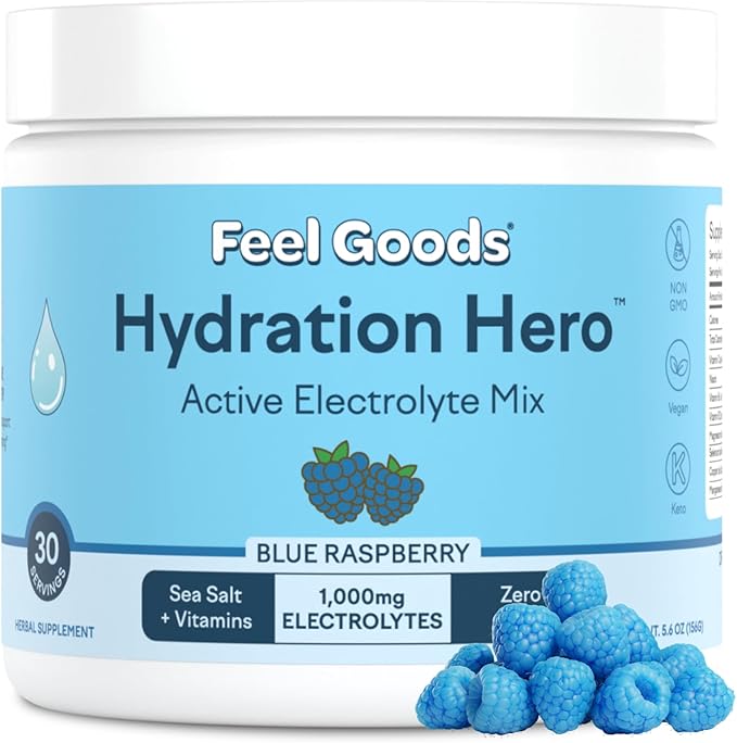 Feel Goods Hydration Hero, 1,000mg Electrolytes Powder, Sugar Free, Magnesium, Organic Aloe Vera, L Theanine, Vitamin C, B12, Keto, Vegan, Plant Based, Blue Raspberry, 30 Servings-Velvo Beauty