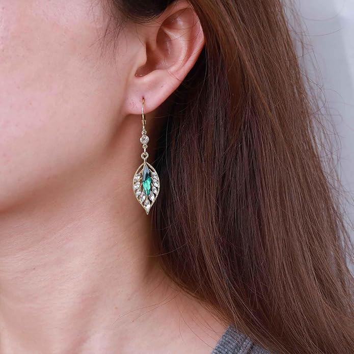 Vintage Crystal Emerald Leaf Dangle Earrings Green Rhinestone Leaf Drop Earrings Green Cz Leaf Earrings Crystal Leaf Hoop Earrings Jewelry for Women-Velvo Beauty