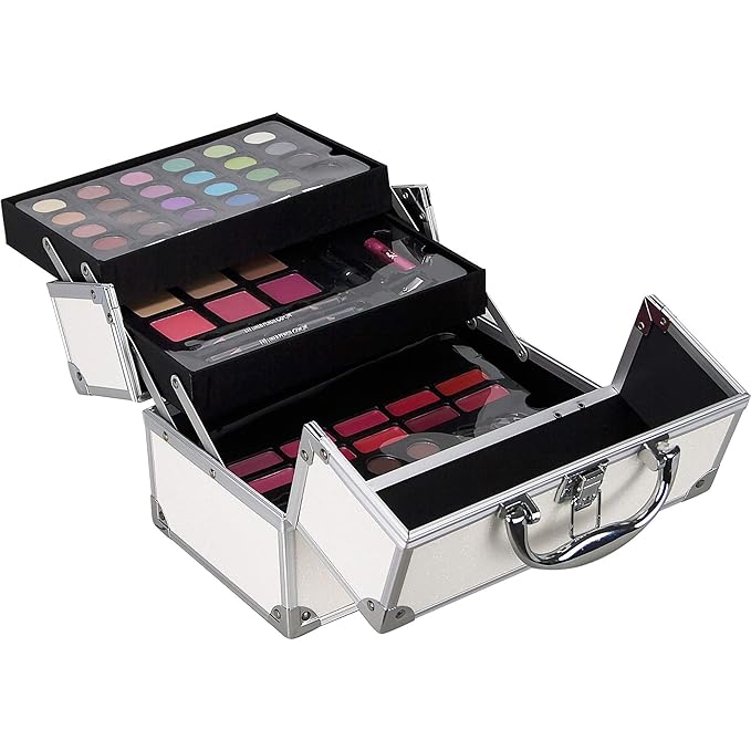 55pcs Makeup Gift Set Kit Train Case With Extendable Trays (eyeshadow, Blushes, Lipstick & More) - Vmk1304, White Glitter-Velvo Beauty