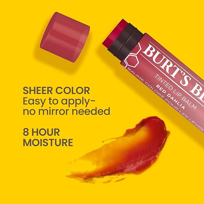 Burt's Bees Lip Tint Balm with Long Lasting 2 in 1 Duo Tinted Balm Formula, Color Infused with Deeply Hydrating Shea Butter for a Natural Looking Buildable Finish, Fiery Red Dahlia (2-Pack)-Velvo Beauty