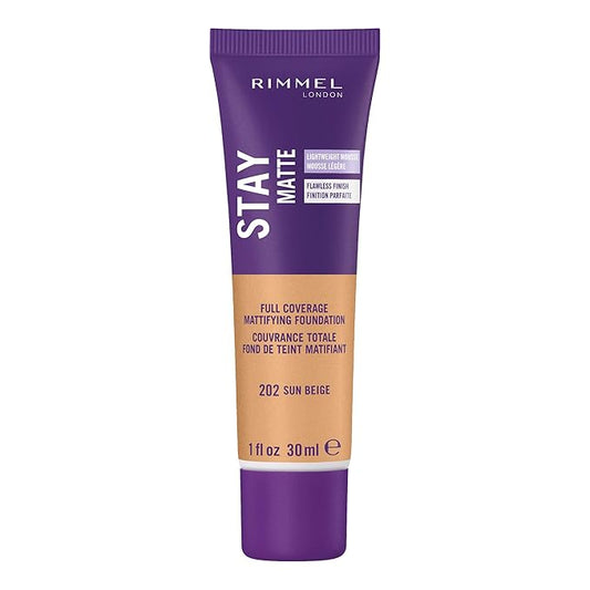 Rimmel London Stay Matte Liquid Mousse - 202 Sun Beige - Foundation, Lightweight, Shine Control, Oil-Free, 1oz-Velvo Beauty