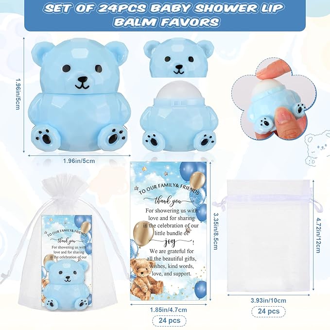 24 Sets Baby Shower Bear Lip Balm Favors Bear Lip Care Transparent Lipstick with Gift Bags and Thank You Cards for Baby Shower Gender Reveal Favors Decorations Gift Supplies-Velvo Beauty
