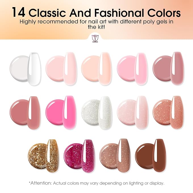 Poly Nail Gel Starter Kit -14 Colors + 75 Nail Art Accessories Kit,ROSALIND Clear Pink Nude Glitter Poly Nail Gel with Big UV Light 48W and Electric Nail Drill Starter Kit-Velvo Beauty
