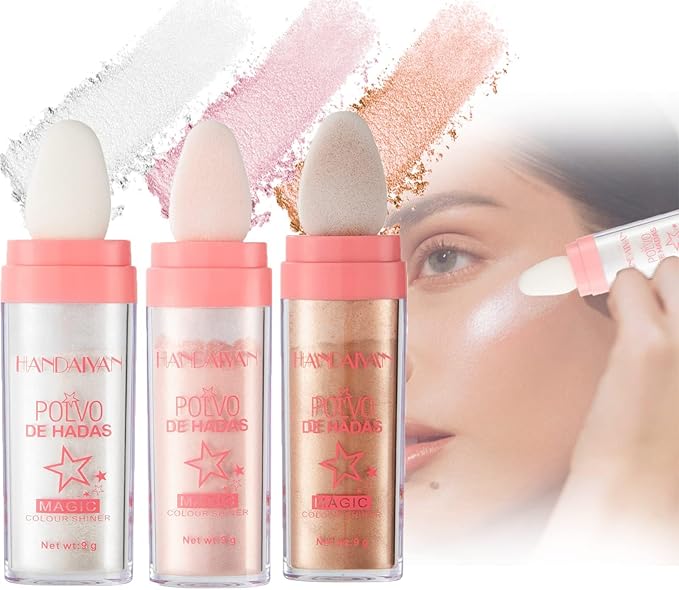 3 Color Polvo De Hadas, Body Glitter Highlighter Powder Fairy Stick for Makeup Shimmer and Shine High Gloss Blush Contour Powder Makeup - Sparkle Patting for Hair Face Eyes Body-Velvo Beauty