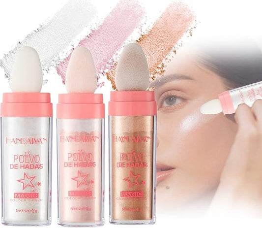 3 Color Polvo De Hadas, Body Glitter Highlighter Powder Fairy Stick for Makeup Shimmer and Shine High Gloss Blush Contour Powder Makeup - Sparkle Patting for Hair Face Eyes Body-Velvo Beauty