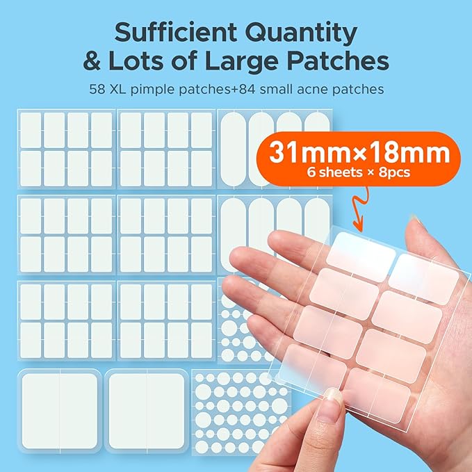Large Acne Patches for Face, 7 Sizes Big Pimple Patches, XL Hydrocolloid Bandages for Body, Chin, Forehead, Nose, Back Blemish Zit Breakouts, Hydrocolloid Patch (Square, Strip, Dot 142 Count)-Velvo Beauty