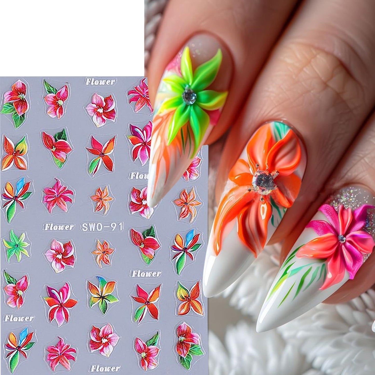 4 Sheets Flower Nail Art Stickers 3D Self-Adhesive Blossom Nails Sticker Spring Nail Art Decals Holographic Daisy Nails Decal Decoration for Women Colorful Flowers Manicure DIY Nail Supplies-Velvo Beauty