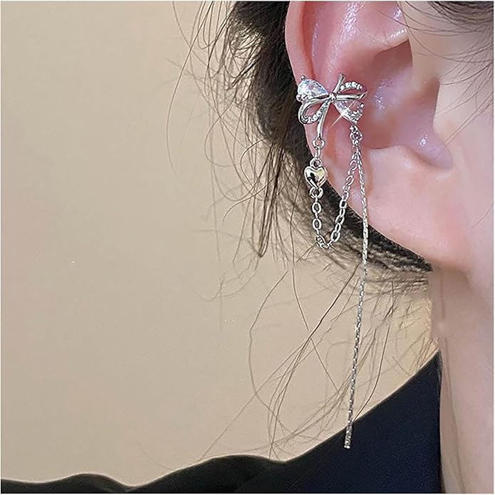 Vintage Crystal Bow Ear Cuff Earrings Rhinestone Bow Cuff Earrings Silver Long Chain Tassel Earrings Cz Chain Dangle Earrings Jewelry for Women-Velvo Beauty