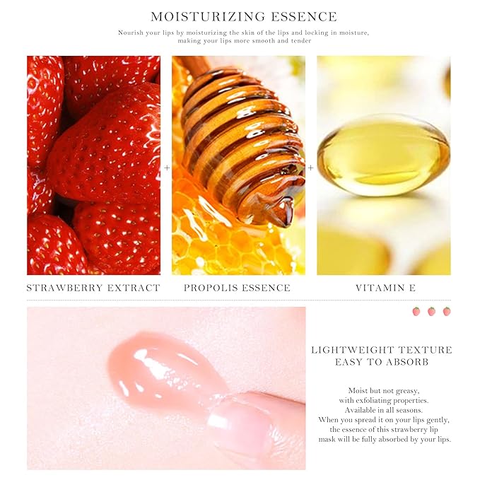 2Pcs Honey Strawberry Lip Balm Honey Pot, Strawberry Lip Sleeping Mask, Overnight Lip Sleeping Mask, Honey Balm Lip Balm Pot, Honey Lip Mask Nourish Lip Scrubs Exfoliator Honey/Strawberry-Velvo Beauty