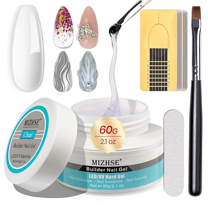 MIZHSE Builder Gel For Nails - 60g Clear Hard Gels Builder Nail Gels For Extension Gel Nails Strengthen Nail Art Manicure Kit With 100pcs Dual Forms And Brush-Velvo Beauty