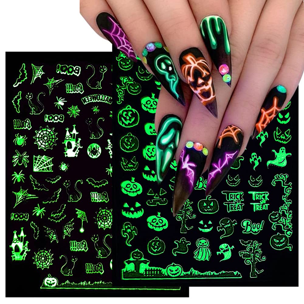 Luminous Nail Stickers - 3D Halloween Nail Art Designs - Skull, Ghost, Pumpkin, Spider, Bat Decals - Self-Adhesive, 6 Sheets-Velvo Beauty