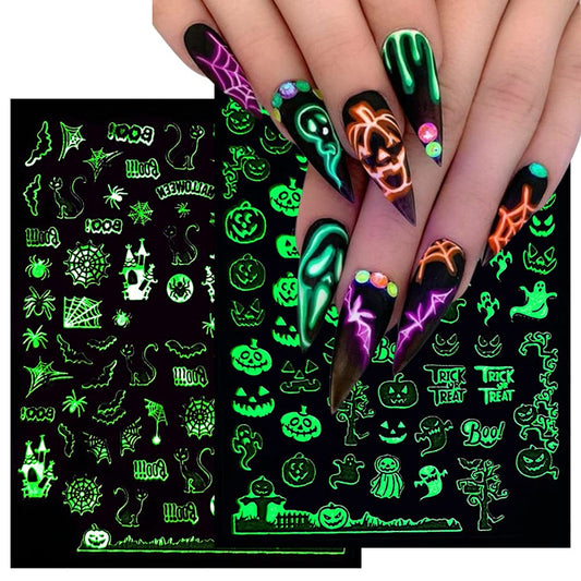 Luminous Nail Stickers - 3D Halloween Nail Art Designs - Skull, Ghost, Pumpkin, Spider, Bat Decals - Self-Adhesive, 6 Sheets-Velvo Beauty