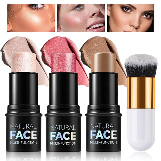 Highlighter Stick Cream Blush Stick Bronzer Contour Stick Makeup,3 PCS Cream Contour Kit with Contour Brush,Long Lasting & Professional Highlighters Makeup Stick for Beginner-Velvo Beauty