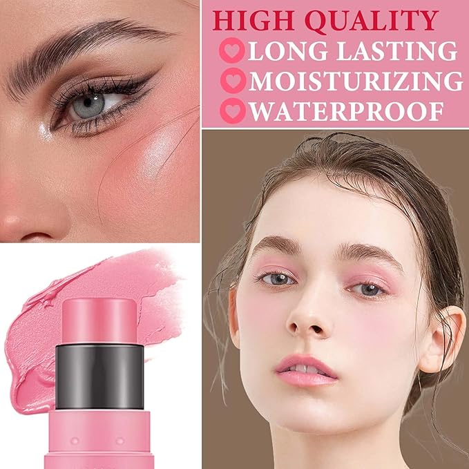 Cream Blush Stick,Blush Stick for Cheeks with Contour Brush,3-in-1 Long Lasting Waterproof Blush&Eye Shadow&Lip Gloss for Fair Skin Types（01 Milk Tea Pink）-Velvo Beauty