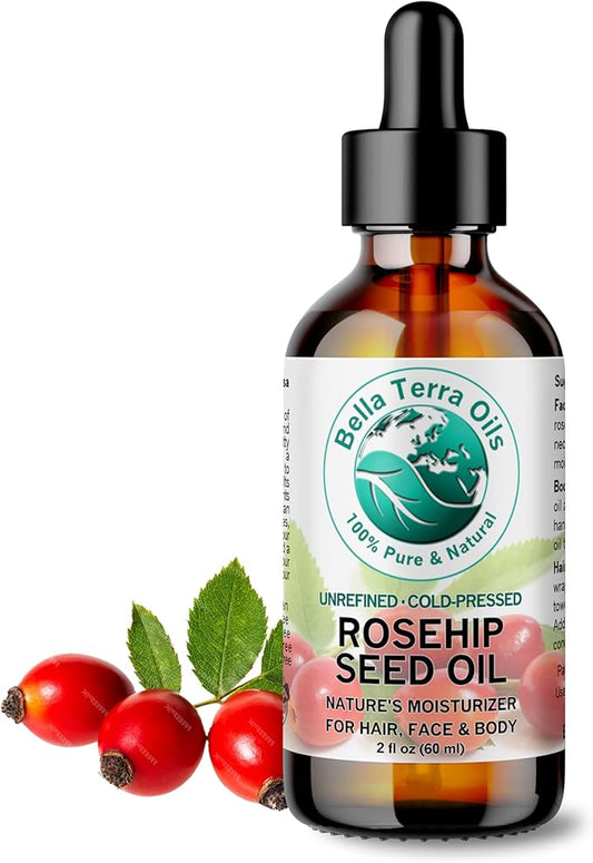 Bella Terra Oils - Organic Rosehip Seed Oil 2 oz - Cold-Pressed Elixir, Rich in Vitamin A, C, & E, Linoleic & Alpha-Linolenic Acid, Perfect Facial Emollient-Velvo Beauty