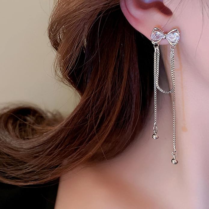 Vintage Crystal Bow Earrings Rhinestone Chain Drop Earrings Silver Long Chain Dangle Earrings Long Tassel Chain Earrings Jewelry for Women-Velvo Beauty