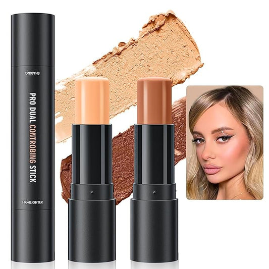 2023 Upgrade Contour Stick, 2 Colors Double-end Contour Highlighter Stick Contour Stick Face Highlighter Contour Makeup Contouring Sticks Cream Concealer (Natural, Netural Coffee)-Velvo Beauty