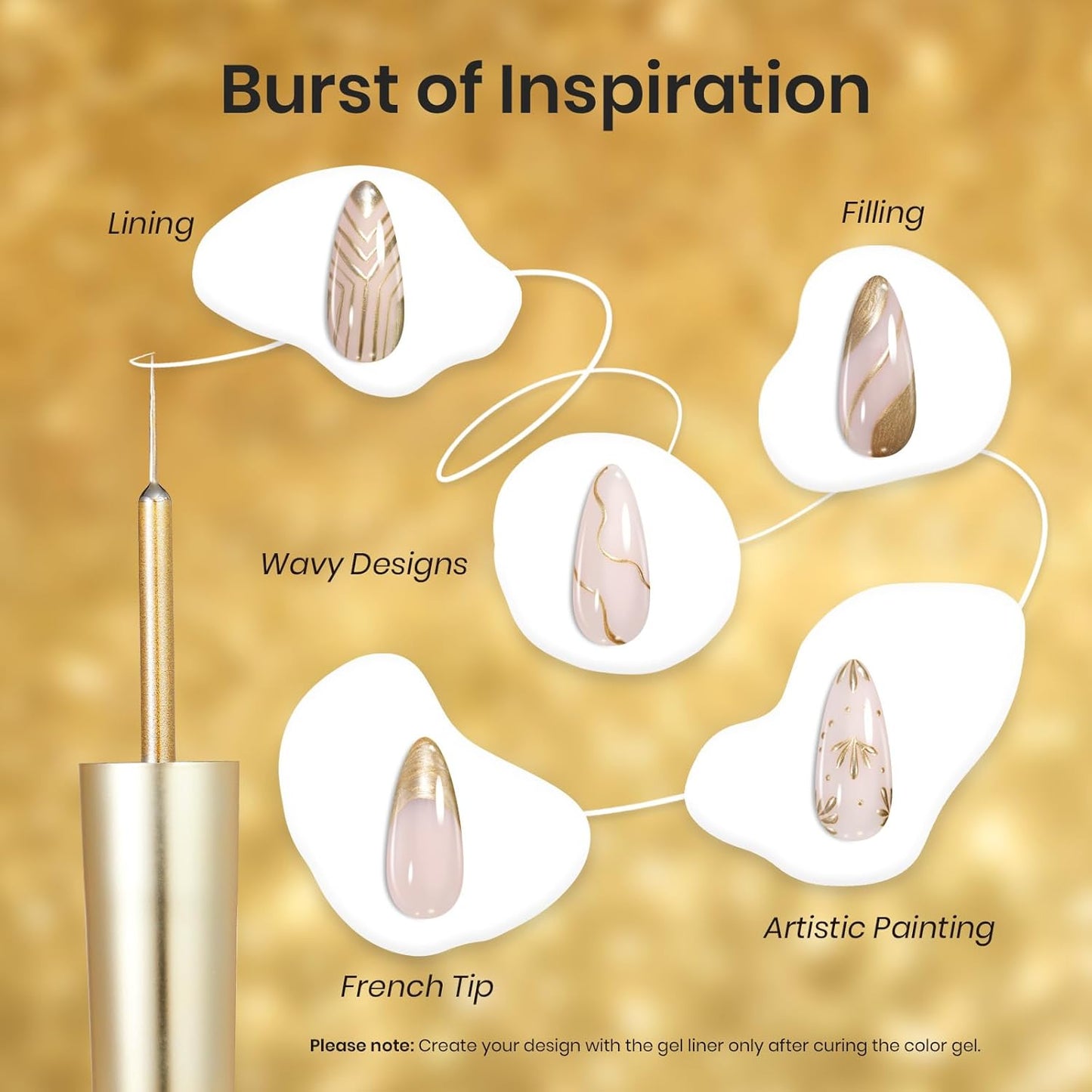 Beetles Metallic Gold Gel Liner 7ml French Tip Gel Polish 3D Mirror Chrome Effect Metal Painted Nail Polish Build in Thin Brush French Swirl Line Nail Art Soak off Uv Lamp Manicure Salon-Velvo Beauty