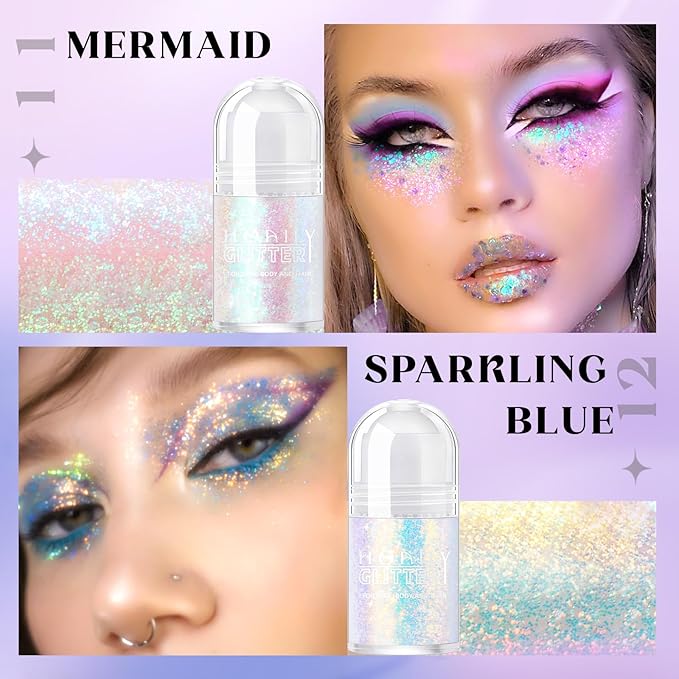 2 Colors Roll-on Body Glitter Gel, Holographic Glitter Gel Under Light for Face Hair, Body Shimmer for Rave Accessories Christmas New Year Halloween Makeup (11+12)-Velvo Beauty