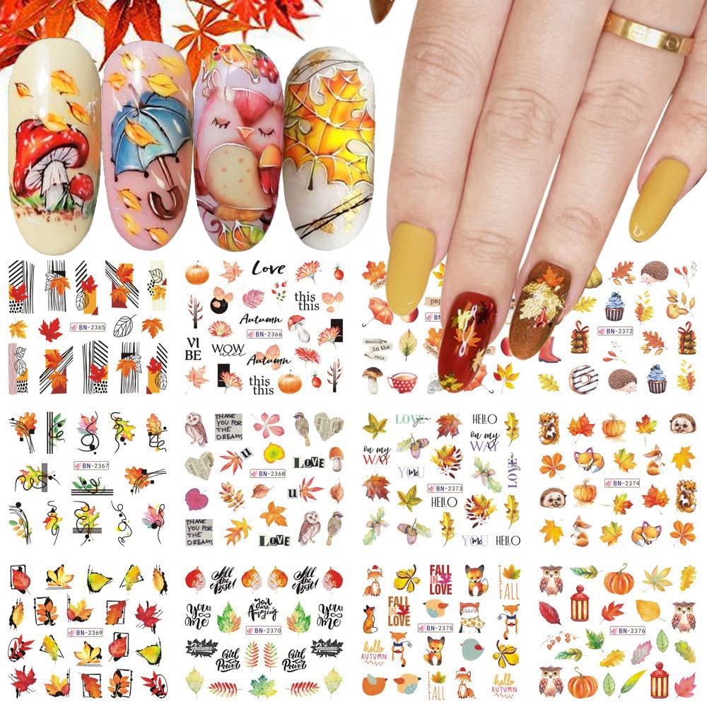Maple Leaf Nail Art Stickers Fall Nails Water Transfer Slider Foils Autumn Nail Decorations, Harvest Pumpkin Pinecone Maple Leaves Pattern Acrylic Nail Sticker for Thanksgiving Nail Art Supplies 12Pcs-Velvo Beauty
