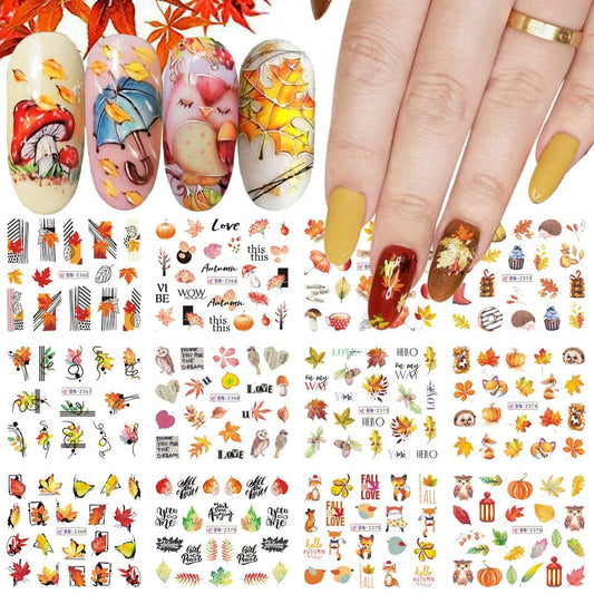 Maple Leaf Nail Art Stickers Fall Nails Water Transfer Slider Foils Autumn Nail Decorations, Harvest Pumpkin Pinecone Maple Leaves Pattern Acrylic Nail Sticker for Thanksgiving Nail Art Supplies 12Pcs-Velvo Beauty