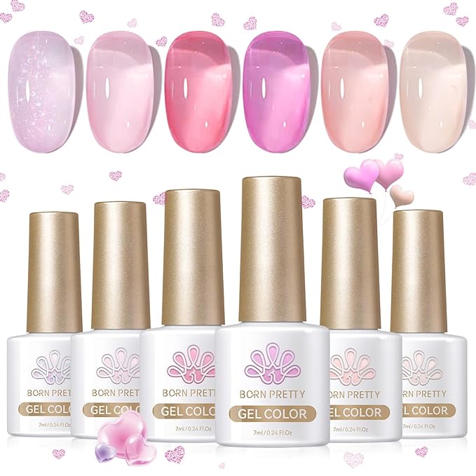 BORN PRETTY Jelly Gel Nail Polish Set,Sheer Nude Pink Natural Color Ice Transparent Tranlusent Gel Polish Kit for Salon Manicure and Nail Art DIY at Home 6PCS 7ml-Velvo Beauty