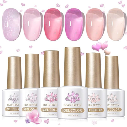 BORN PRETTY Jelly Gel Nail Polish Set,Sheer Nude Pink Natural Color Ice Transparent Tranlusent Gel Polish Kit for Salon Manicure and Nail Art DIY at Home 6PCS 7ml-Velvo Beauty