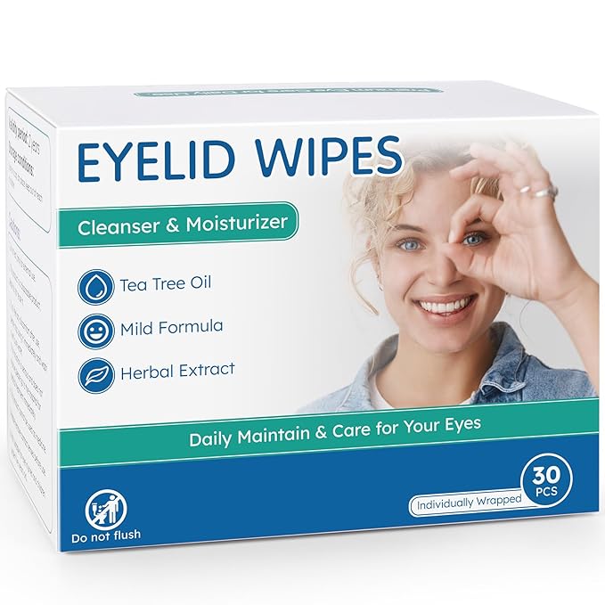 Eyelid Cleansing Wipes for Dry Eye & Blepharitis, Tea Tree Oil Hypoallergenic Eye Wipes for Sensitive Itchy Eyes, Individually Wrapped Eyelid WipesTravel Essentials (30 Count)-Velvo Beauty