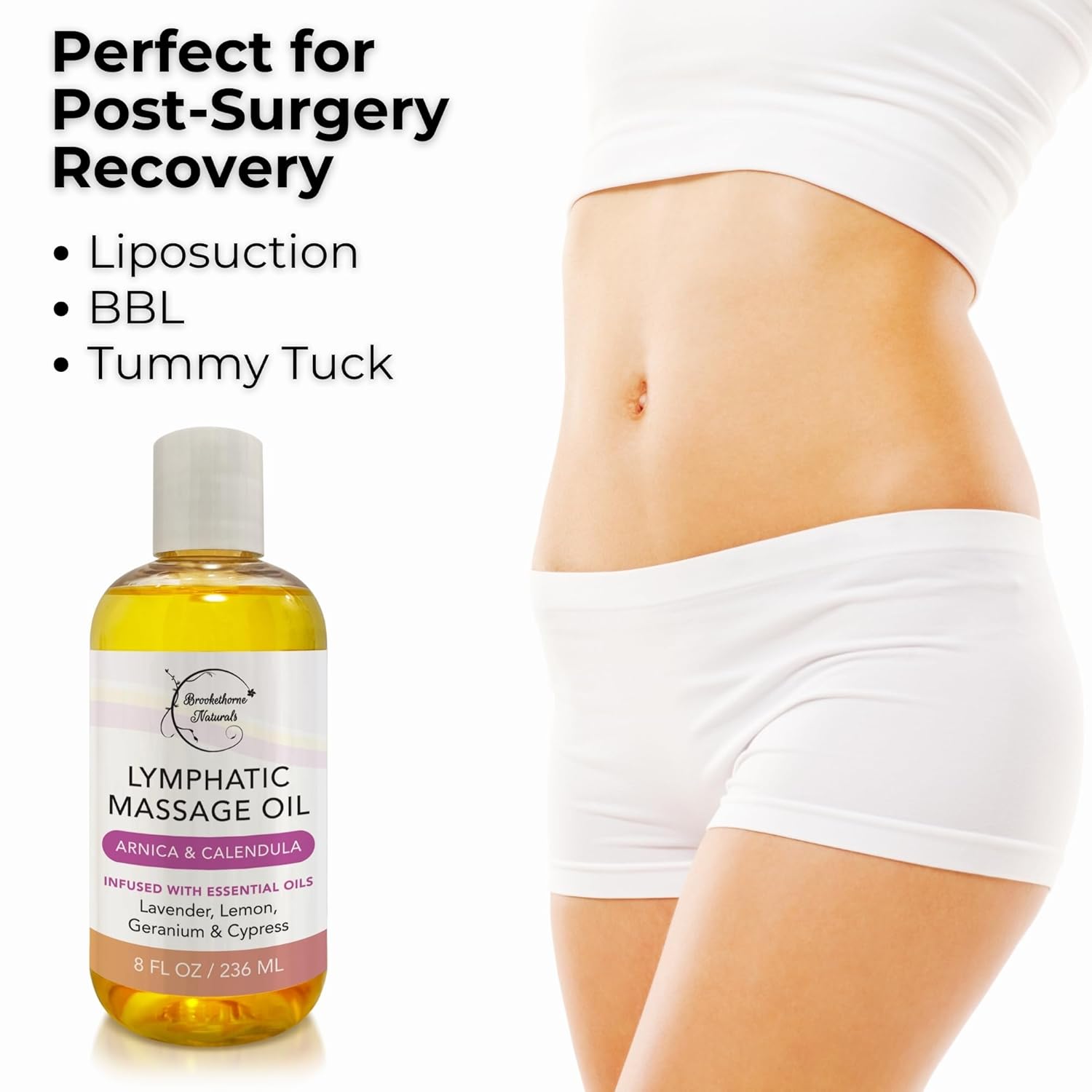 Lymphatic Massage Oil for Massage Therapy & Natural Lymphatic Drainage | Premium Quality with Arnica & Lavender Oil | for Post Surgery Recovery & Detox | 8oz by Brookethorne Naturals-Velvo Beauty