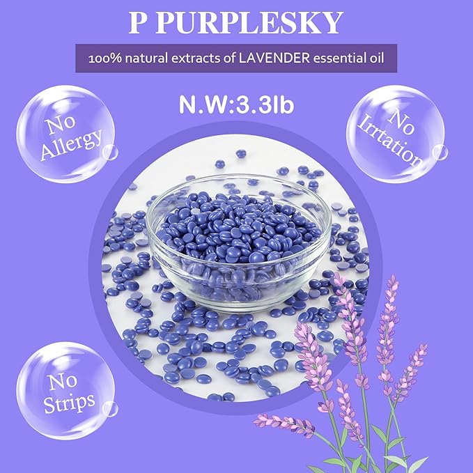 PURPLESKY Wax Beads, 3.3LB Painless Coarse Hard Wax Beads Bulk for Hair Removal, Stripless Long-lasting Waxing Beads for Brazilian Bikini, Leg, Chest, Back, Lavender Scent-Velvo Beauty