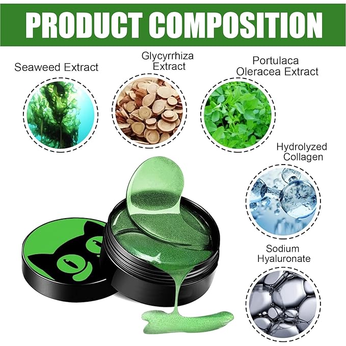 Seaweed Eye Mask, Under Eye Patches with Collagen & Hyaluronic Acid, Seaweed Eye Tightening Mask, Green Eye Gel Pads for Puffiness, Wrinkles, Dark Circles and Bags Under Eyes - 30 Pairs-Velvo Beauty