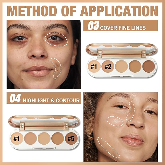 FOCALLURE #GoldenAge 5 in 1 Multi Uses Concealer Palette, 5 Colors Correcting Conceal Palette, Camouflage Contour Palettes for Dark Circles, Face Contouring Highlighter Pallet, NE02 MEDIUM-DEEP-Velvo Beauty