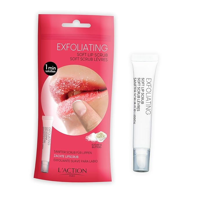 L'Action Paris Exfoliating Soft Lip Scrub, Smooth and Plumped Lips, Sugar Crystals for Gentle Exfoliation, Slanted Applicator, Soothing Shea and Mango Butter Formula 12ml-Velvo Beauty