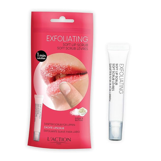 L'Action Paris Exfoliating Soft Lip Scrub, Smooth and Plumped Lips, Sugar Crystals for Gentle Exfoliation, Slanted Applicator, Soothing Shea and Mango Butter Formula 12ml-Velvo Beauty