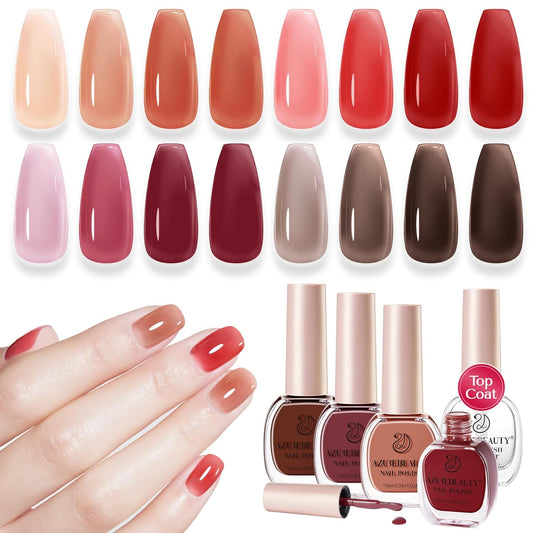 AZUREBEAUTY Jelly Nail Polish Set 4 Colors Nude Brown Red Purple Quick Dry Transparent Sheer Nail Polish Natural Nail Lacquer Fingernail with Top Coat DIY Salon Home-Velvo Beauty
