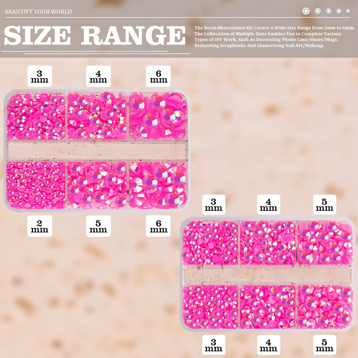 Resin Rhinestones Crafting, 2/3/4/5/6mm Flatback Jelly Rhinestones, 2 Boxes Hot Pink AB Non Hotfix Crystal Gems for Bedazzling Crafts Mugs Tumblers Clothes Makeup Nail-Velvo Beauty