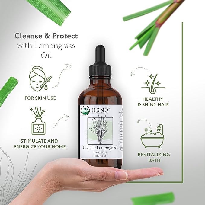HBNO Organic Lemongrass Essential Oil - Huge 4 oz (120ml) Value Size - USDA Certified Organic Lemongrass Essential Oil, Perfect for Aromatherapy, Soap Making, DIY, Diffuser-Velvo Beauty