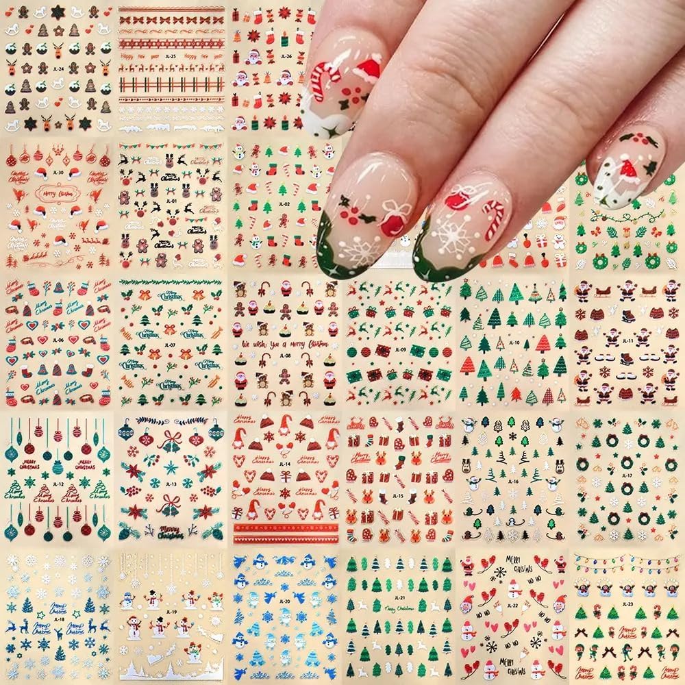 30 Sheets Christmas Nail Art Stickers 3D Self- Adhesive Snowflake Nail Charms Decals White Red Christmas Nail Decorations Accessories Supplies-Velvo Beauty