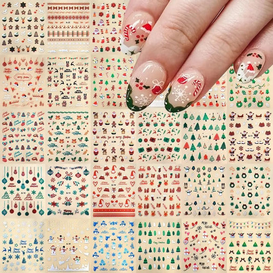 30 Sheets Christmas Nail Art Stickers 3D Self- Adhesive Snowflake Nail Charms Decals White Red Christmas Nail Decorations Accessories Supplies-Velvo Beauty