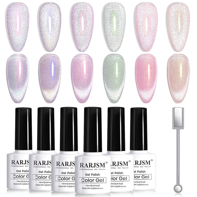 RARJSM Aurora Cat Eye Gel Nail Polish Set 6 Colors Velvet Silver Glitter Purple Pink Green Champagne Galaxy Star Cloud Ice Gel Polish with Magnet Stick UV LED Curing Requires Soak Off Home Salon-Velvo Beauty