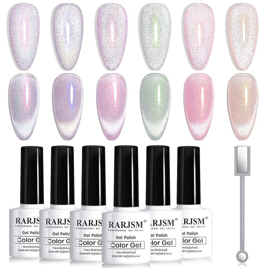 RARJSM Aurora Cat Eye Gel Nail Polish Set 6 Colors Velvet Silver Glitter Purple Pink Green Champagne Galaxy Star Cloud Ice Gel Polish with Magnet Stick UV LED Curing Requires Soak Off Home Salon-Velvo Beauty