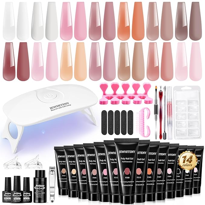 JEWHITENY Poly Extension Gel Nail Kit 14 PCS Poly Gel Kit with Slip Solution and Mini Lamp Nail Art Design Beginner-Velvo Beauty