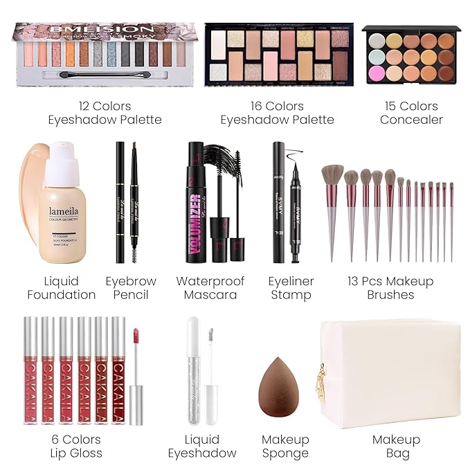 Makeup Present Set for Teen Girl Women, Travel Makeup Kit, Makeup Full Kit for Beginner, Makeup Bundle Include 2 Matte & Shimmer Eyeshadow Palettes, Liquid Glitter Eyeshadow & Eyeliner-Velvo Beauty